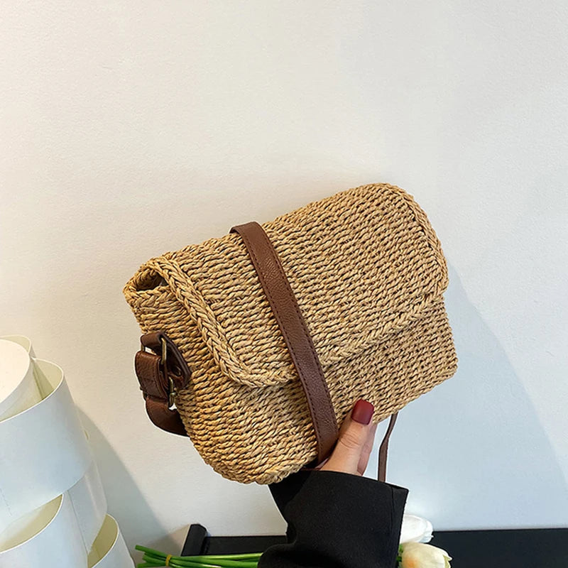 Weave Straw Shoulder Bag Raffia Messenger Bag New Trendy Vintage Crossbody Bag for Summer Straw Beach Bag