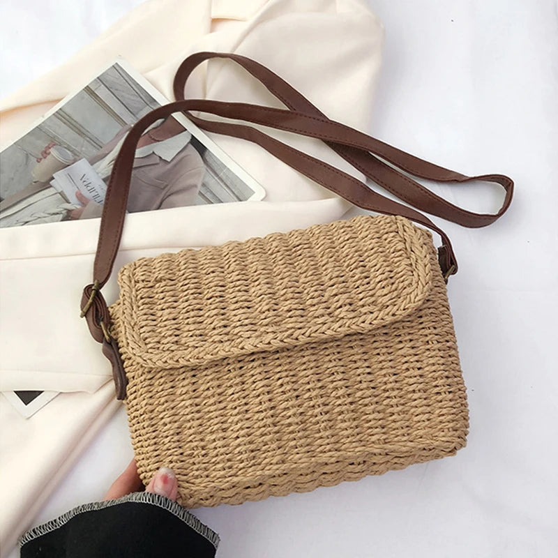 Weave Straw Shoulder Bag Raffia Messenger Bag New Trendy Vintage Crossbody Bag for Summer Straw Beach Bag