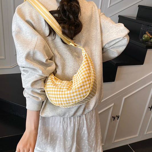 Checkered Nylon Crescent Hobos Shoulder Purse for Women