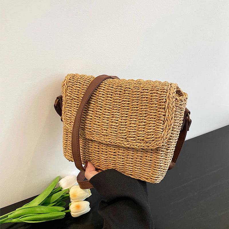 Weave Straw Shoulder Bag Raffia Messenger Bag New Trendy Vintage Crossbody Bag for Summer Straw Beach Bag