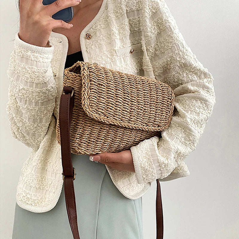 Weave Straw Shoulder Bag Raffia Messenger Bag New Trendy Vintage Crossbody Bag for Summer Straw Beach Bag
