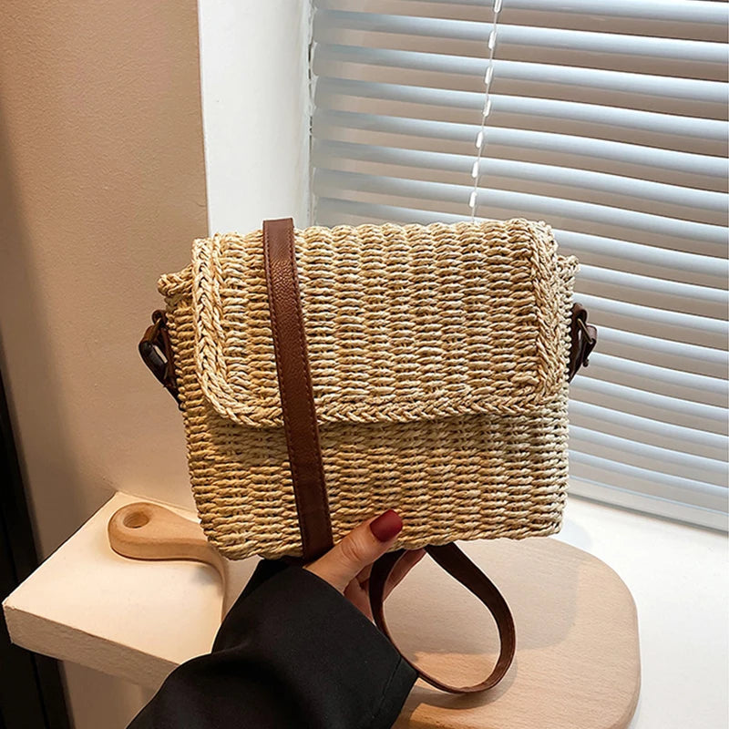 Weave Straw Shoulder Bag Raffia Messenger Bag New Trendy Vintage Crossbody Bag for Summer Straw Beach Bag