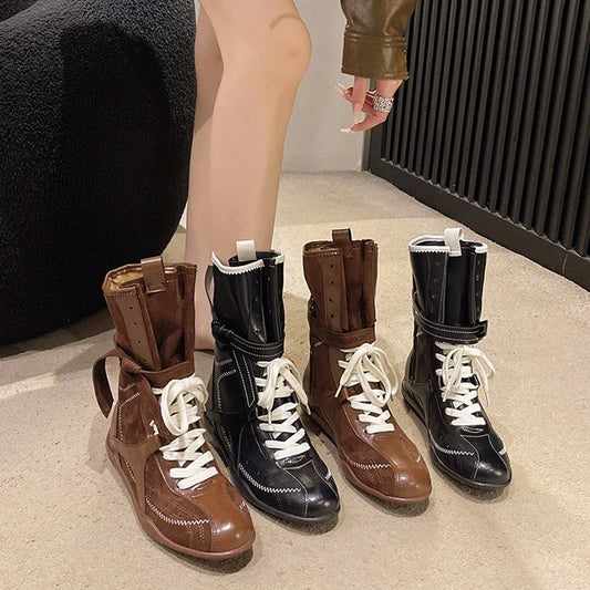 Luxury Vintage Booster Boots Women's Fall Autumn Winter Boxing Frosted Leather Lace-up Ankle Boots Zapatos De Mujer Hot Selling