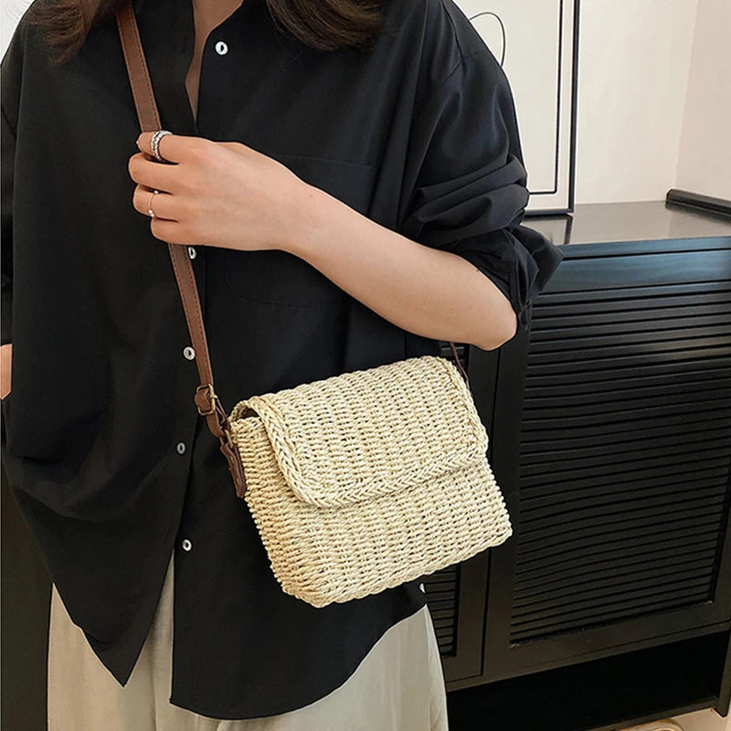 Weave Straw Shoulder Bag Raffia Messenger Bag New Trendy Vintage Crossbody Bag for Summer Straw Beach Bag