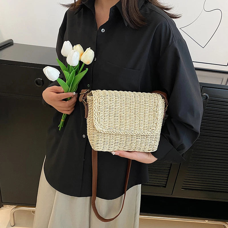 Weave Straw Shoulder Bag Raffia Messenger Bag New Trendy Vintage Crossbody Bag for Summer Straw Beach Bag