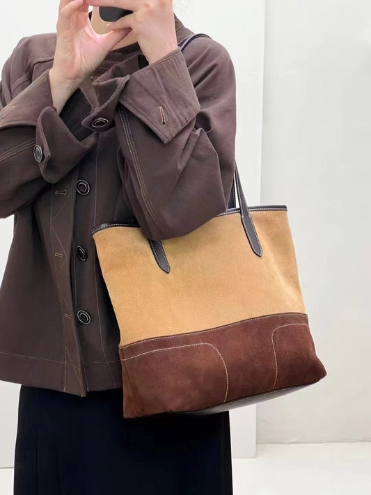 Medium Suede Leather Tote Bag for Women – Caramel & Brown, Elegant Everyday Handbag