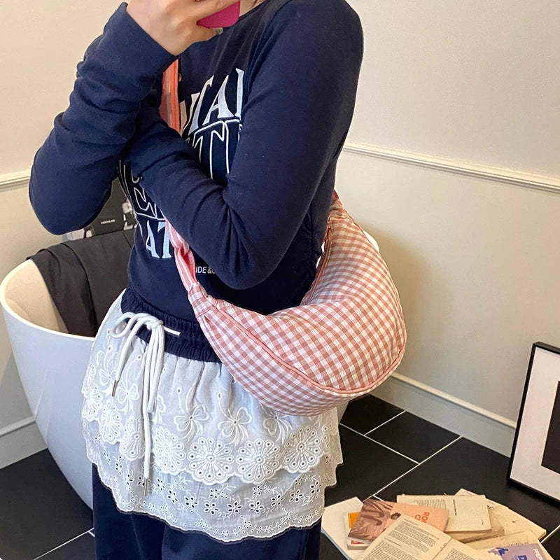 Checkered Nylon Crescent Hobos Shoulder Purse for Women
