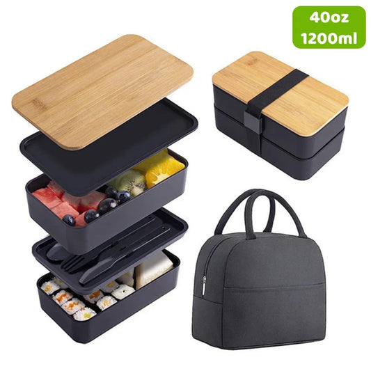 Adult Bento Lunch Box, 2-Tier Food Storage Container Set with Cutlery for Kids/children, Crisper Microwave and Dishwasher Safe