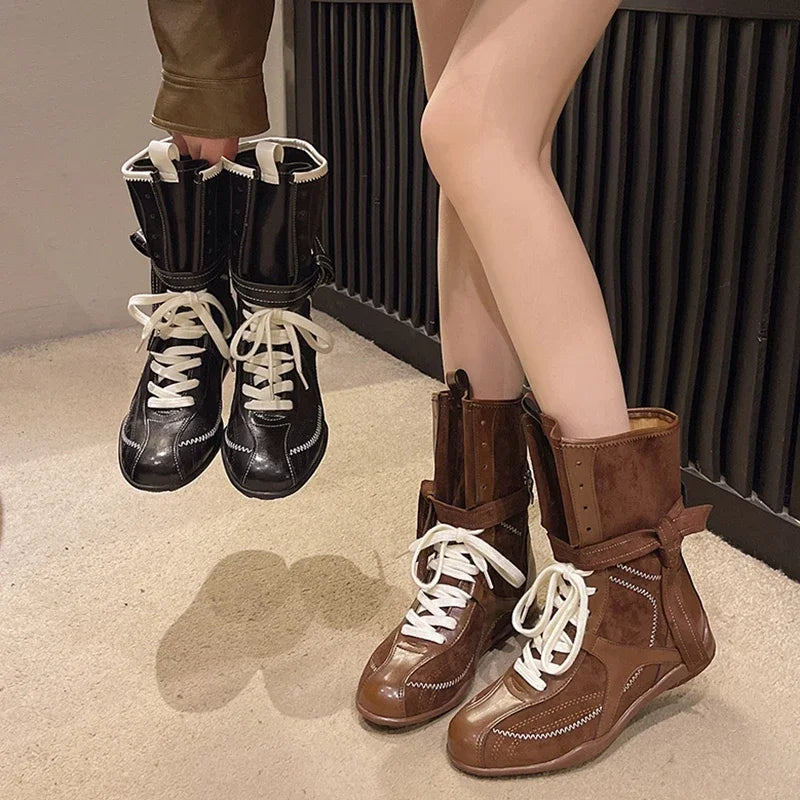 Luxury Vintage Booster Boots Women's Fall Autumn Winter Boxing Frosted Leather Lace-up Ankle Boots Zapatos De Mujer Hot Selling