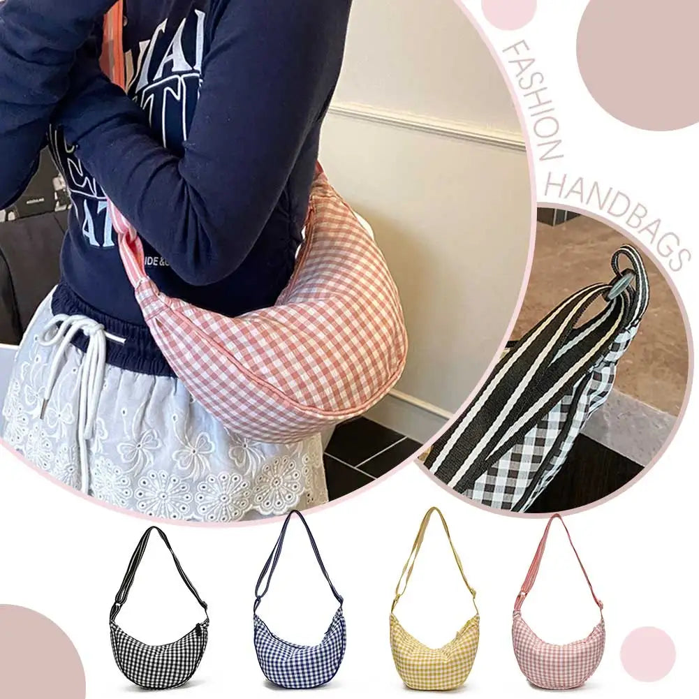 Checkered Nylon Crescent Hobos Shoulder Purse for Women