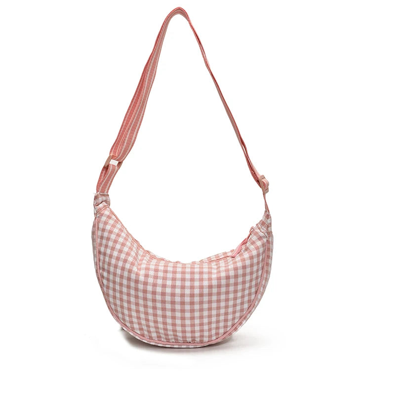 Checkered Nylon Crescent Hobos Shoulder Purse for Women