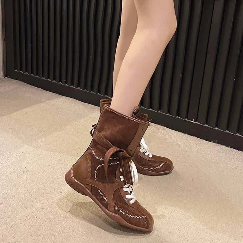 Luxury Vintage Booster Boots Women's Fall Autumn Winter Boxing Frosted Leather Lace-up Ankle Boots Zapatos De Mujer Hot Selling