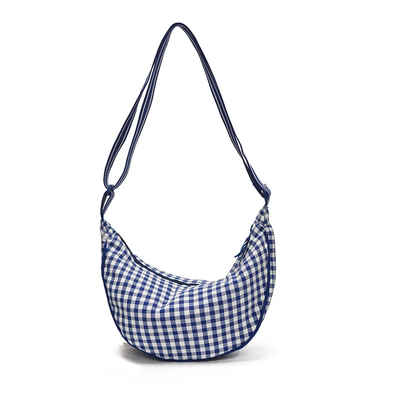 Checkered Nylon Crescent Hobos Shoulder Purse for Women