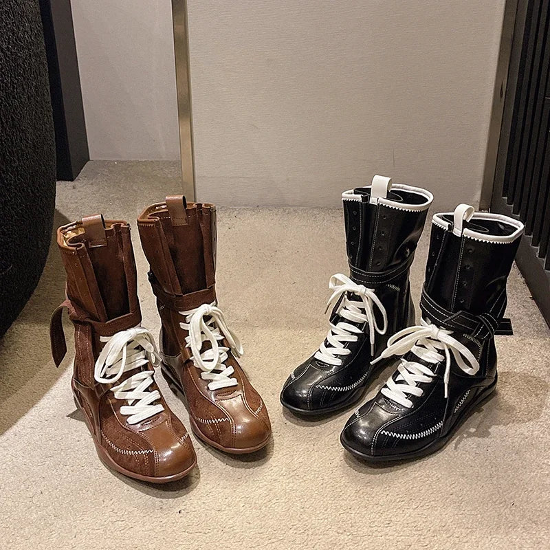 Luxury Vintage Booster Boots Women's Fall Autumn Winter Boxing Frosted Leather Lace-up Ankle Boots Zapatos De Mujer Hot Selling