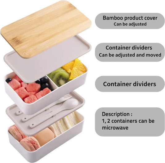 Adult Bento Lunch Box, 2-Tier Food Storage Container Set with Cutlery for Kids/children, Crisper Microwave and Dishwasher Safe