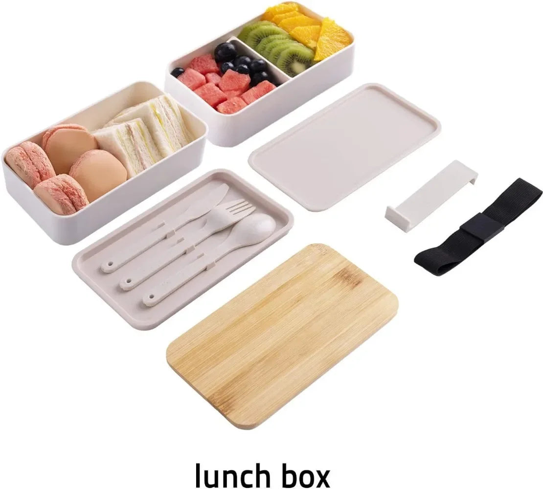 Adult Bento Lunch Box, 2-Tier Food Storage Container Set with Cutlery for Kids/children, Crisper Microwave and Dishwasher Safe