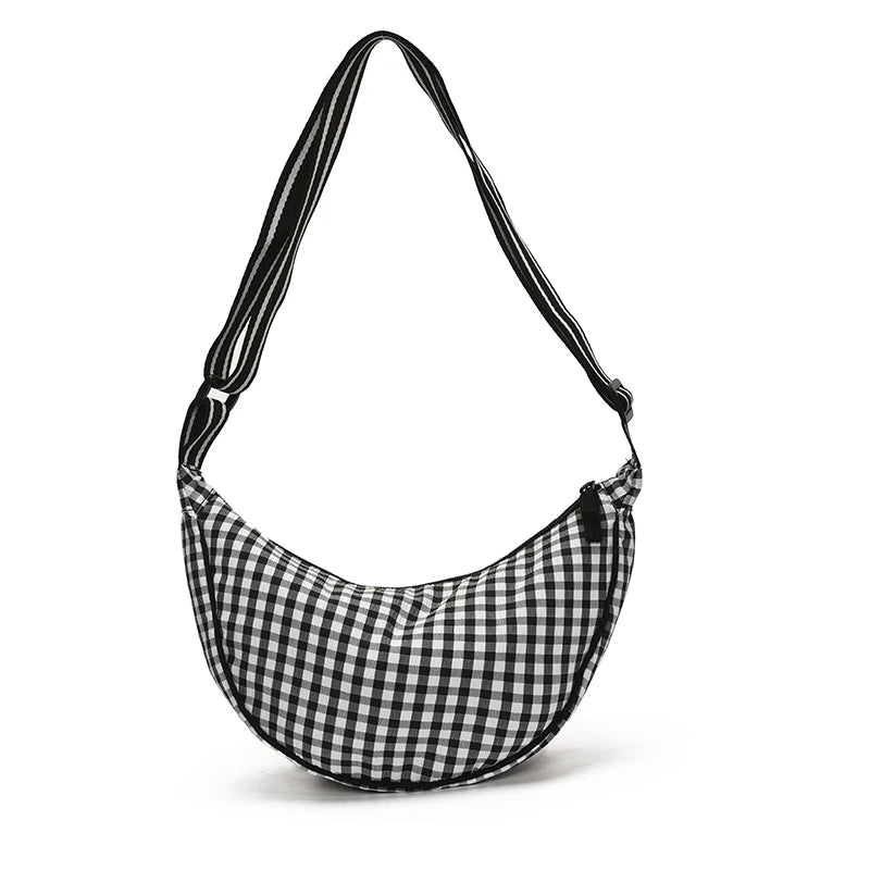 Checkered Nylon Crescent Hobos Shoulder Purse for Women