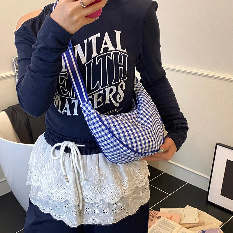 Checkered Nylon Crescent Hobos Shoulder Purse for Women