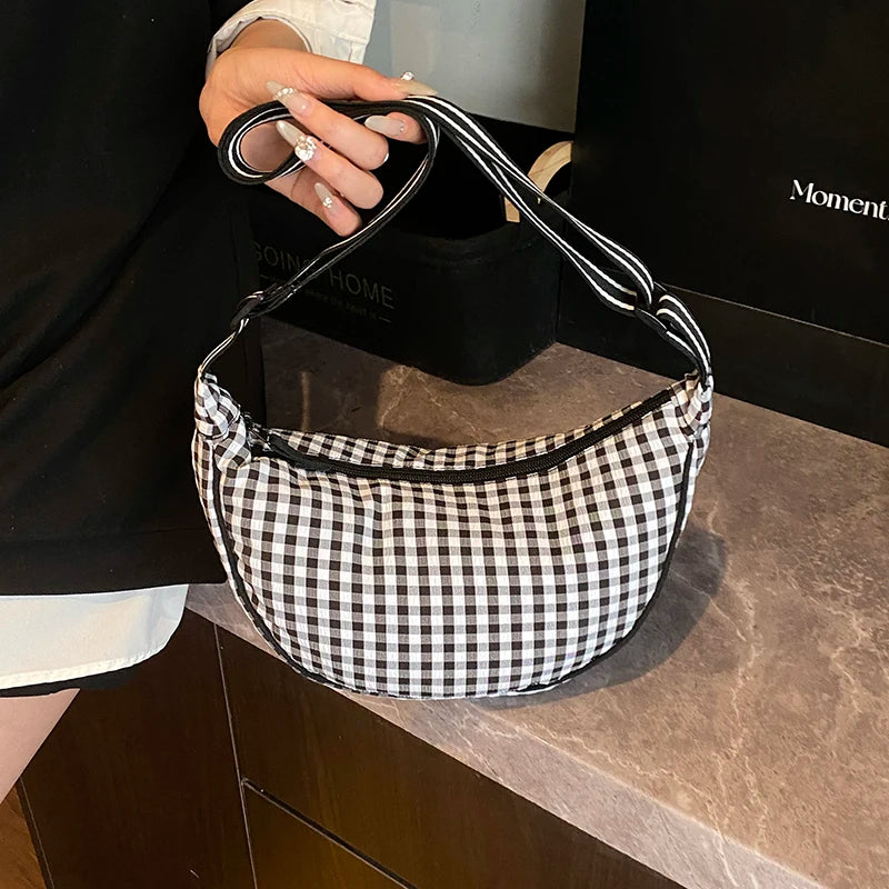 Checkered Nylon Crescent Hobos Shoulder Purse for Women