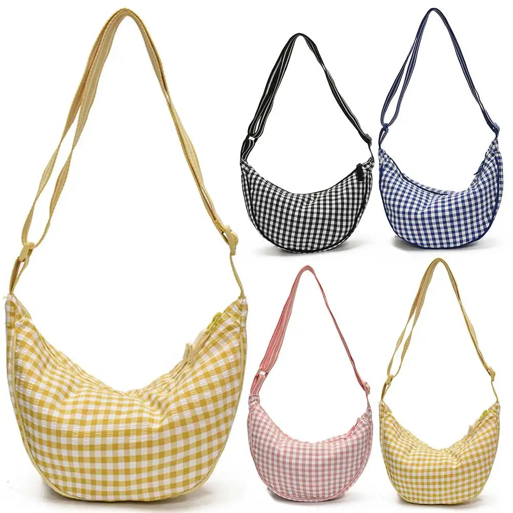 Checkered Nylon Crescent Hobos Shoulder Purse for Women