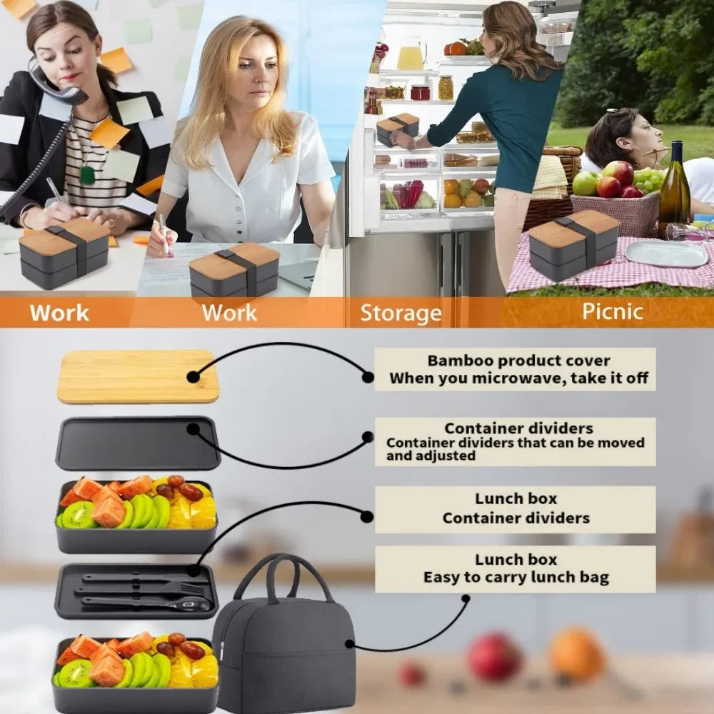 Adult Bento Lunch Box, 2-Tier Food Storage Container Set with Cutlery for Kids/children, Crisper Microwave and Dishwasher Safe