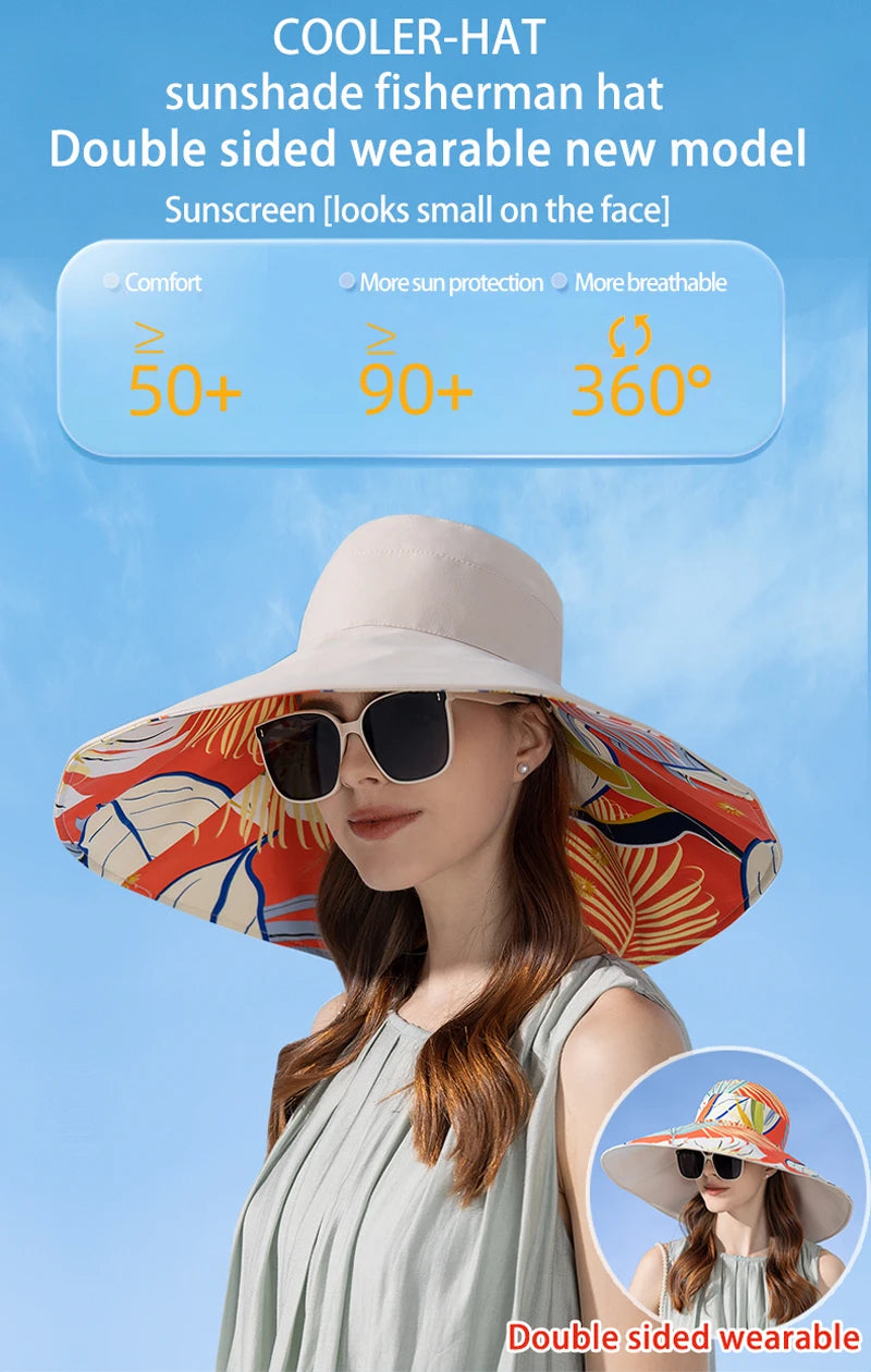 European and American Cross border Women's New Double sided Fisherman Hat Summer Enlarged brim Sun hat