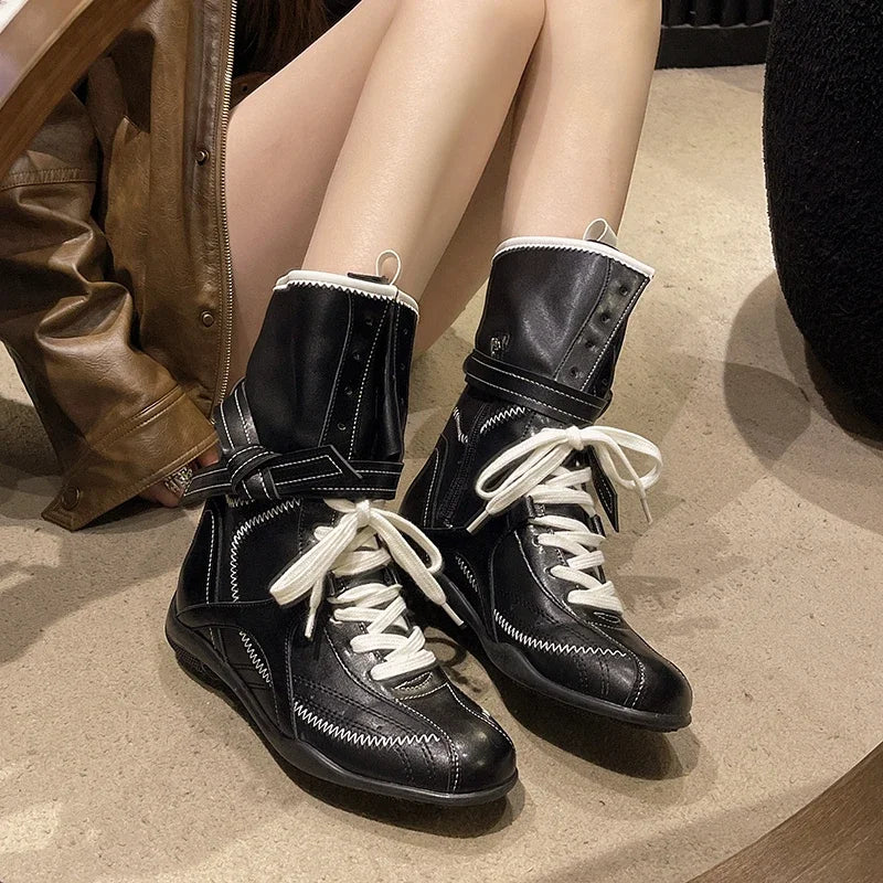 Luxury Vintage Booster Boots Women's Fall Autumn Winter Boxing Frosted Leather Lace-up Ankle Boots Zapatos De Mujer Hot Selling