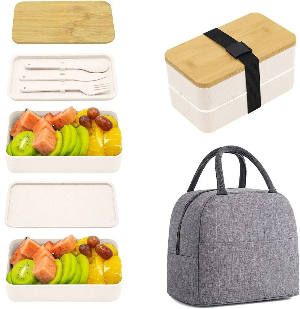 Adult Bento Lunch Box, 2-Tier Food Storage Container Set with Cutlery for Kids/children, Crisper Microwave and Dishwasher Safe