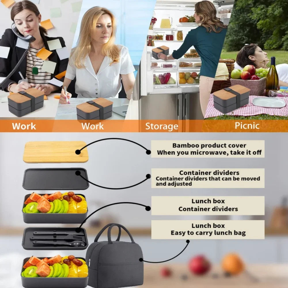 Adult Bento Lunch Box, 2-Tier Food Storage Container Set with Cutlery for Kids/children, Crisper Microwave and Dishwasher Safe