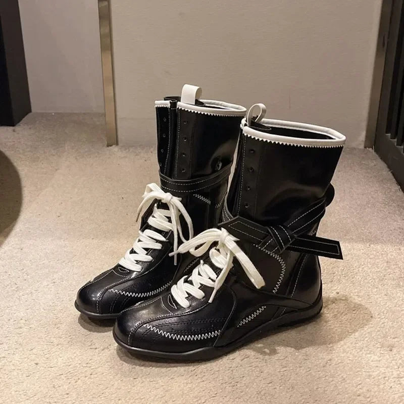 Luxury Vintage Booster Boots Women's Fall Autumn Winter Boxing Frosted Leather Lace-up Ankle Boots Zapatos De Mujer Hot Selling