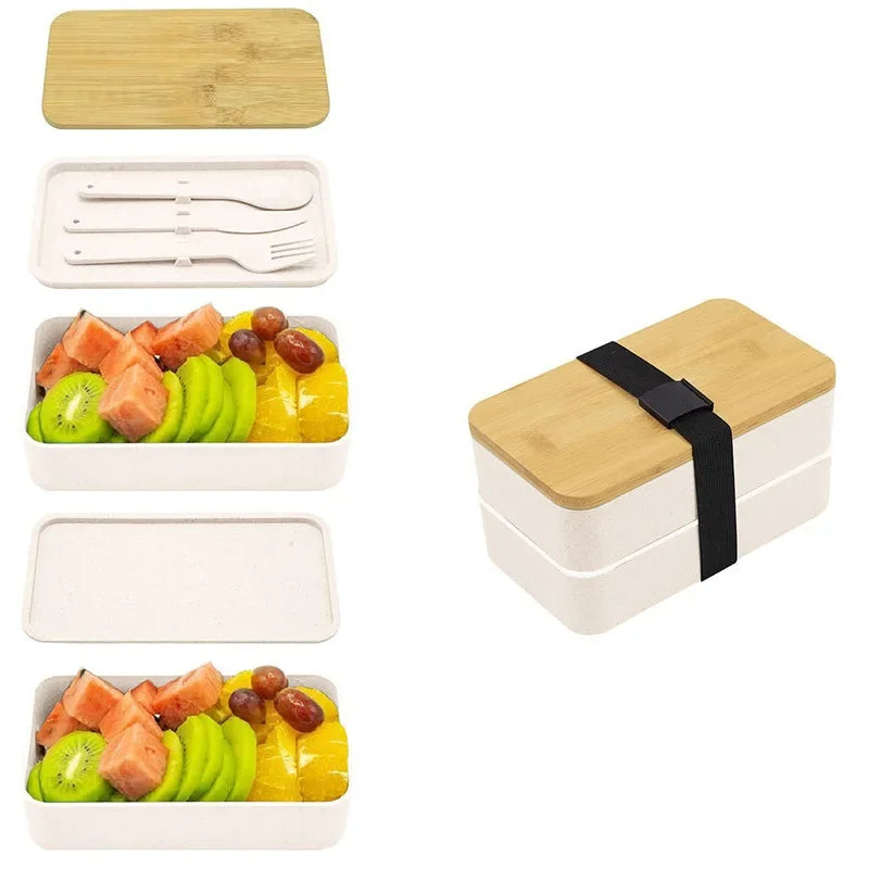Adult Bento Lunch Box, 2-Tier Food Storage Container Set with Cutlery for Kids/children, Crisper Microwave and Dishwasher Safe