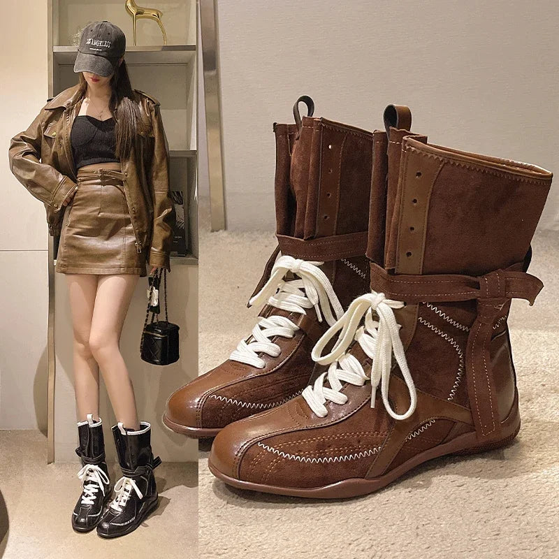 Luxury Vintage Booster Boots Women's Fall Autumn Winter Boxing Frosted Leather Lace-up Ankle Boots Zapatos De Mujer Hot Selling