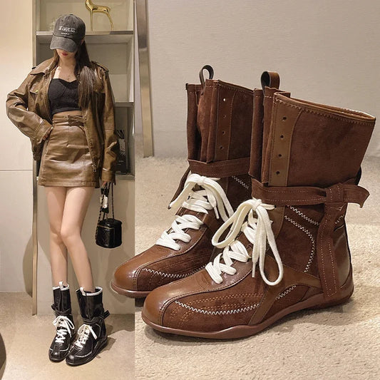 Luxury Vintage Booster Boots Women's Fall Autumn Winter Boxing Frosted Leather Lace-up Ankle Boots Zapatos De Mujer Hot Selling