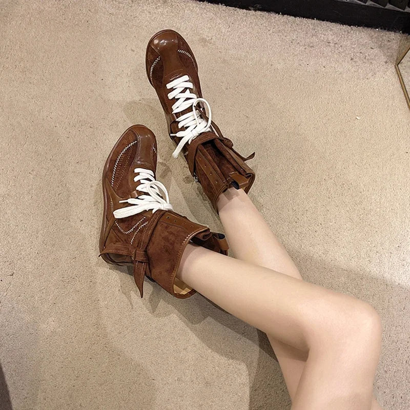 Luxury Vintage Booster Boots Women's Fall Autumn Winter Boxing Frosted Leather Lace-up Ankle Boots Zapatos De Mujer Hot Selling