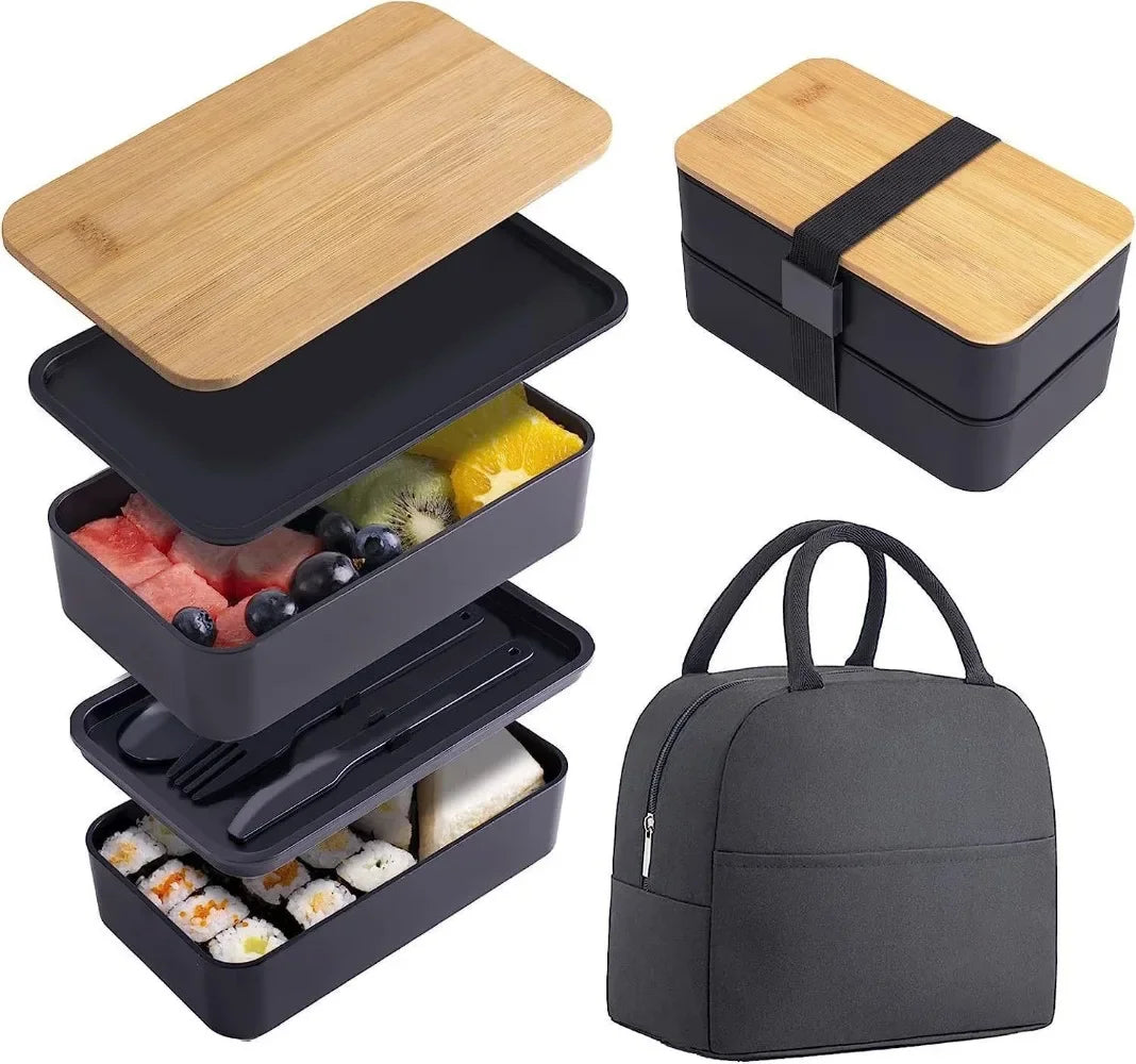 Adult Bento Lunch Box, 2-Tier Food Storage Container Set with Cutlery for Kids/children, Crisper Microwave and Dishwasher Safe