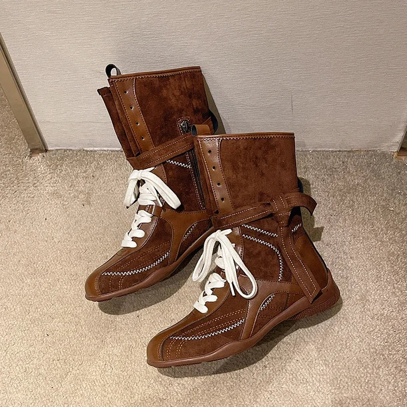 Luxury Vintage Booster Boots Women's Fall Autumn Winter Boxing Frosted Leather Lace-up Ankle Boots Zapatos De Mujer Hot Selling