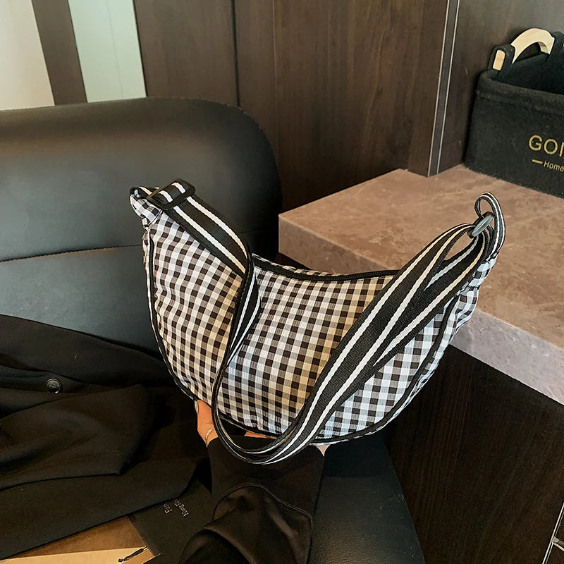 Checkered Nylon Crescent Hobos Shoulder Purse for Women