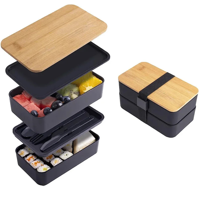 Adult Bento Lunch Box, 2-Tier Food Storage Container Set with Cutlery for Kids/children, Crisper Microwave and Dishwasher Safe